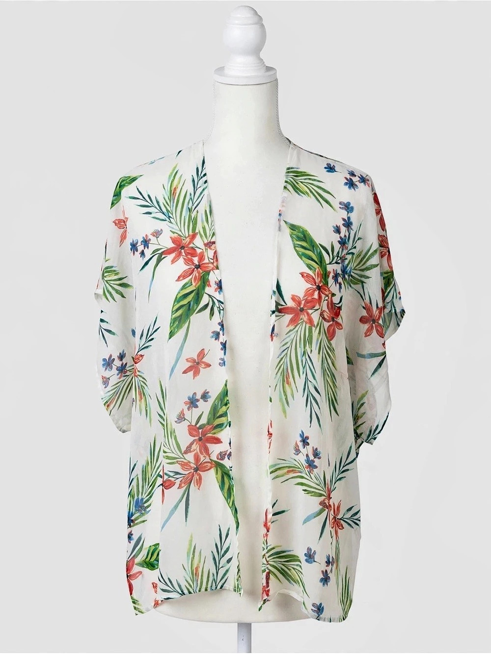 Floral Open Front Blouse in White & Green Like New